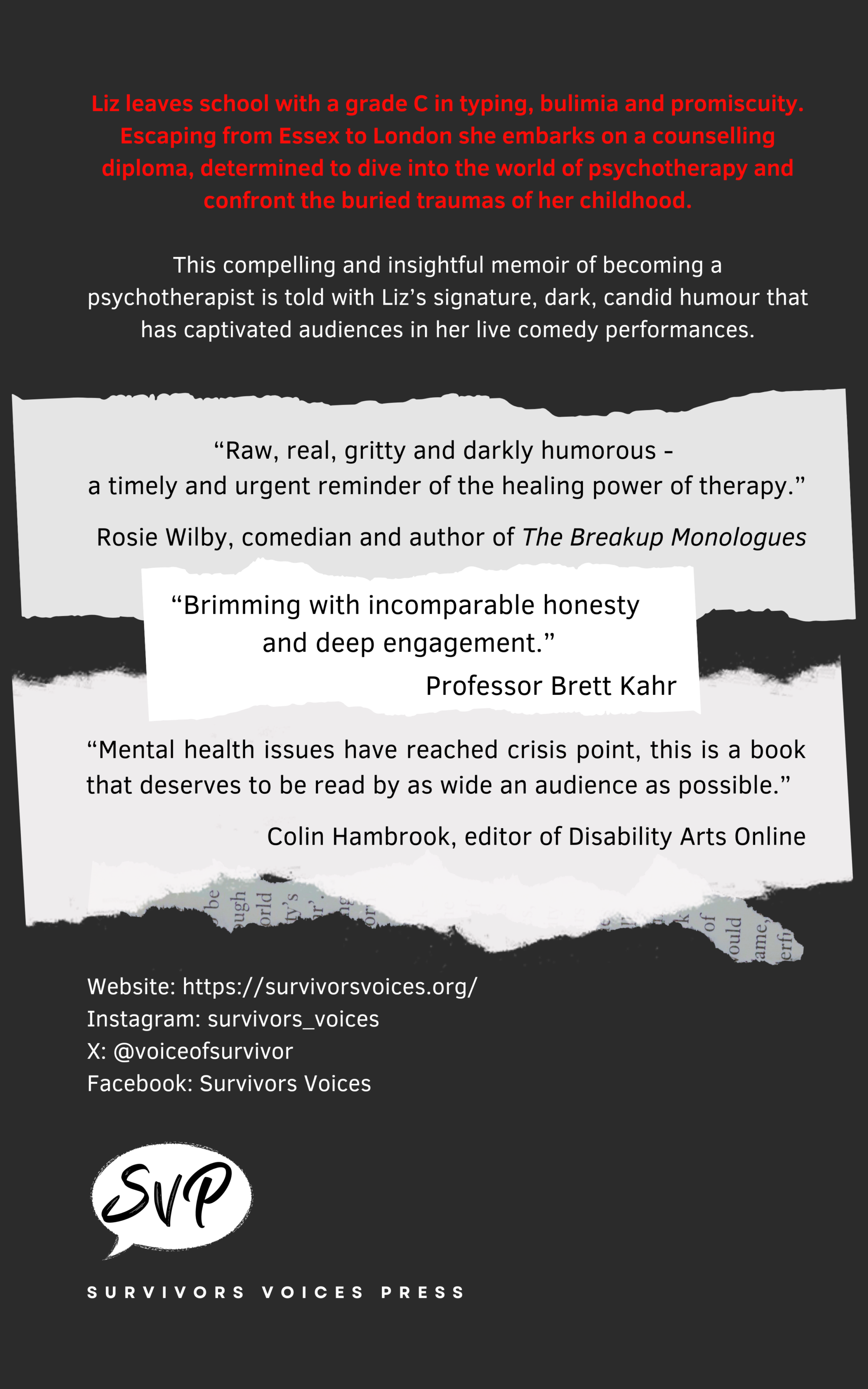 Back cover of book with quotes from reviewers, these are in the front of the book too.