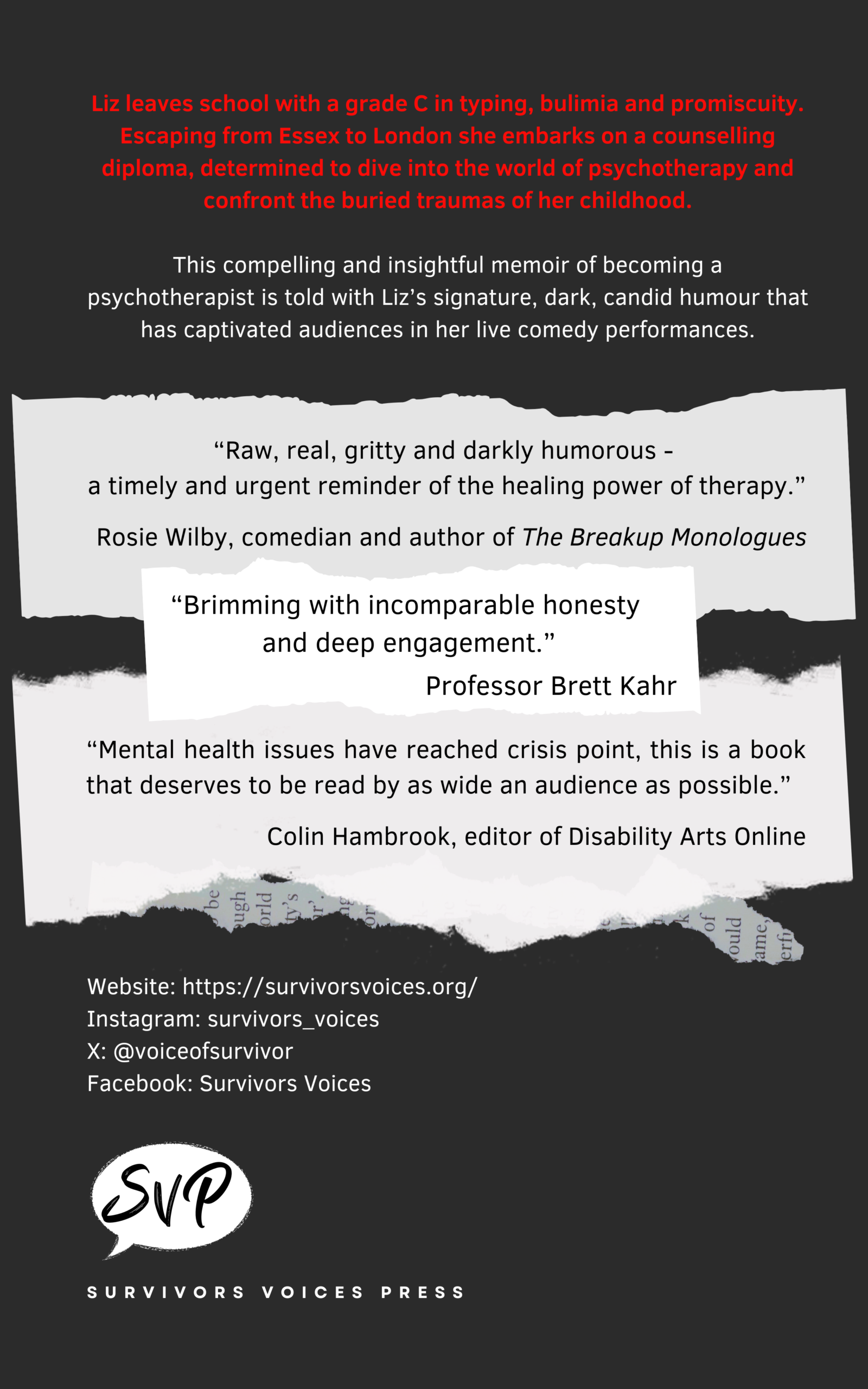 Back cover of book with quotes from reviewers, these are in the front of the book too.