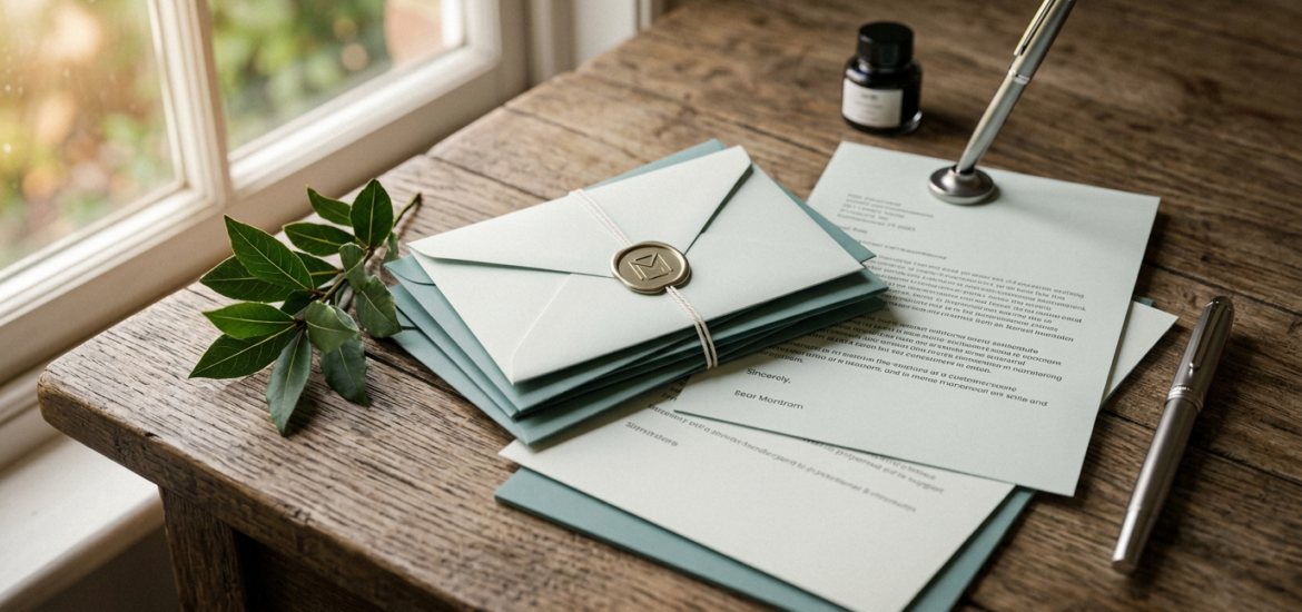 Sealed envelopes, handwritten letters, leaves, and a quill on a wooden desk
