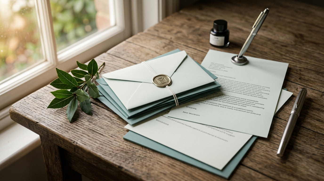 Sealed envelopes, handwritten letters, leaves, and a quill on a wooden desk